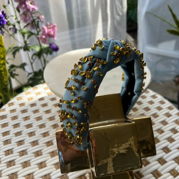 Lele Sadoughi Classic Knotted Blue Headband Amber & Gold Gems - Picture 9 of 11
